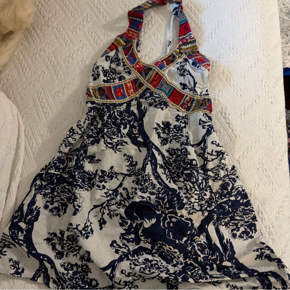 Floral Halter Dress with Red and Blue Accents